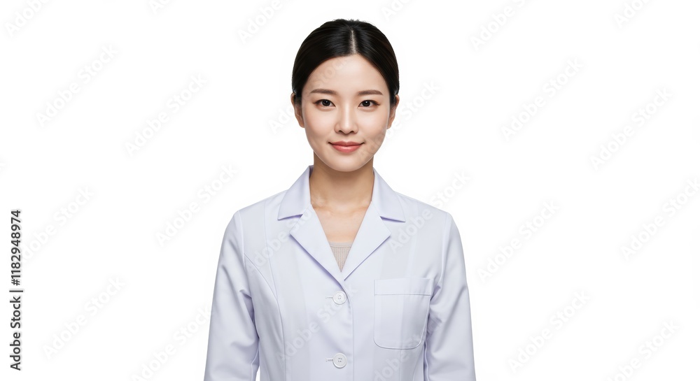 Smiling Asian Woman Doctor in Lab Coat: Capturing a portrait of a friendly and competent female doctor, exuding professionalism and approachability in her lab coat. Smiling Asian Woman Doctor in Lab Coat: Capturing a portrait of a friendly and competent female doctor, exuding professionalism and approachability in her lab coat.