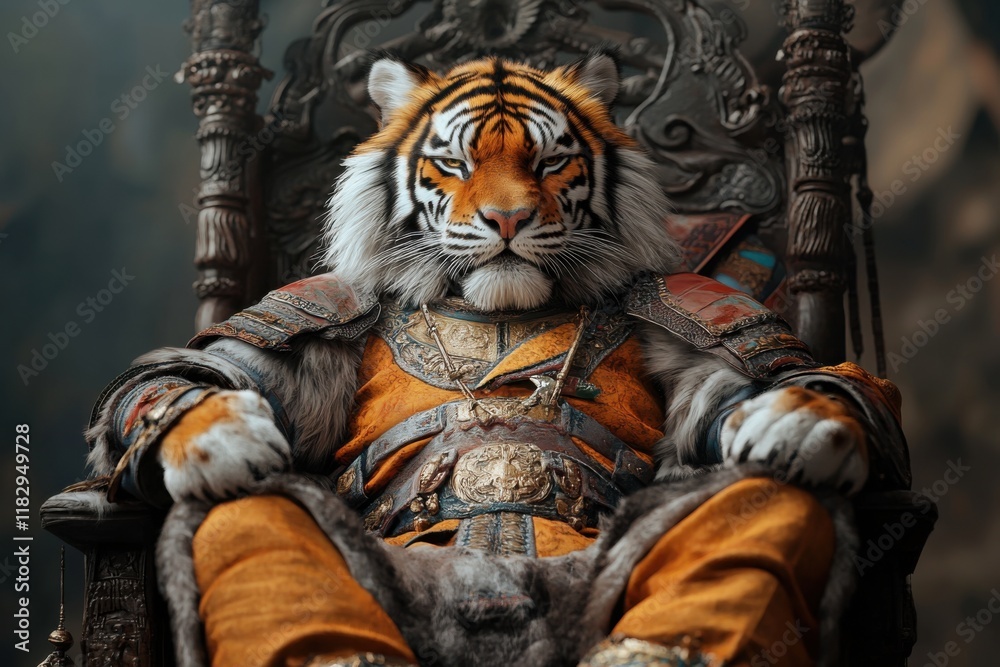 Obraz premium Majestic tiger in royal armor on ornate throne in dark atmosphere