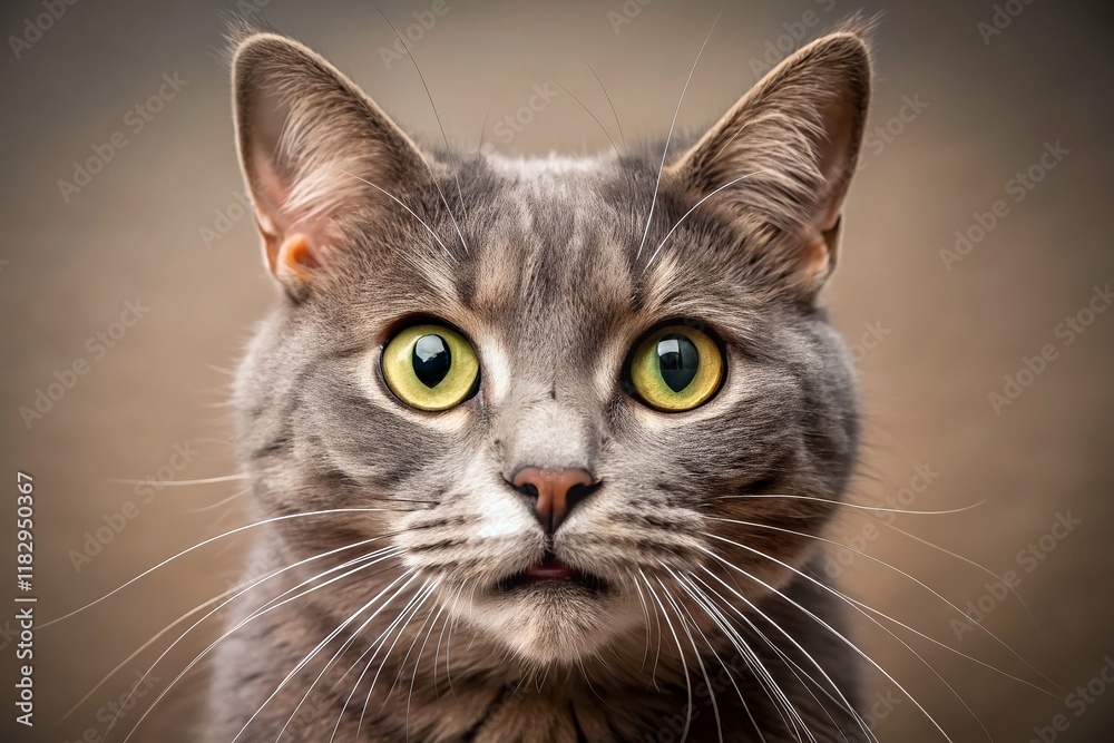 Funny Gray Cat Close-Up: Surprised and Angry Feline Face Funny Gray Cat Close-Up: Surprised and Angry Feline Face