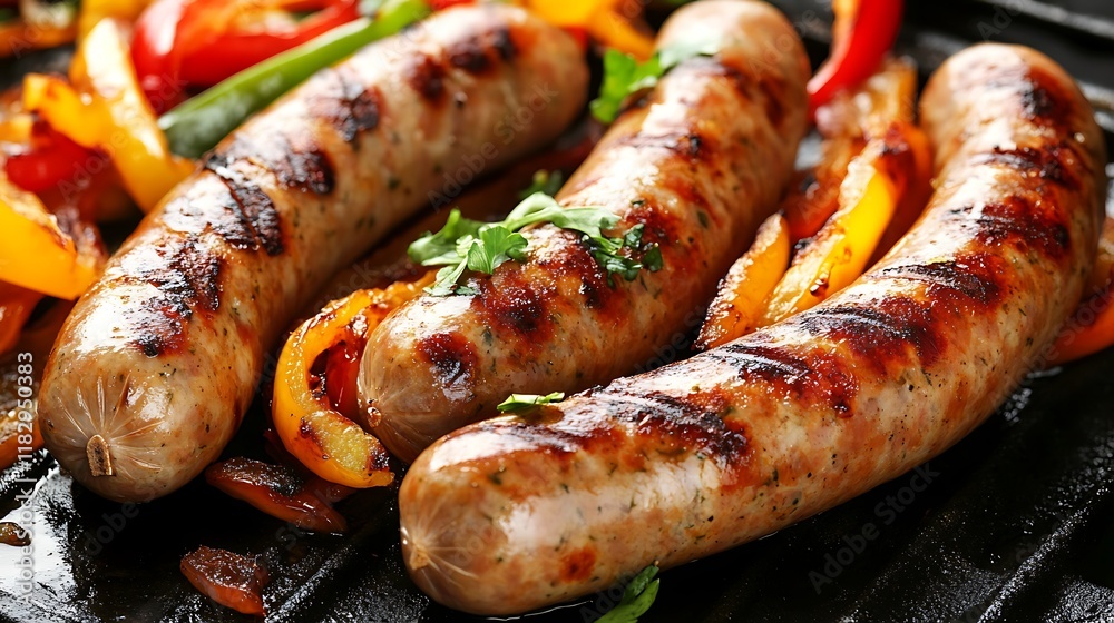 Grilled sausages with caramelized onions and peppers Grilled sausages with caramelized onions and peppers