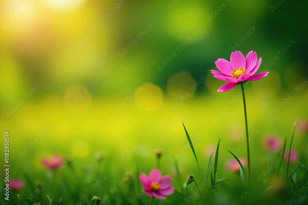 Solitary pink flower blooms in green field with yellow grass, garden, petals, Solitary pink flower blooms in green field with yellow grass, garden, petals,