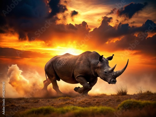 Furious Rhino Silhouette at Sunset - Powerful African Wildlife photo