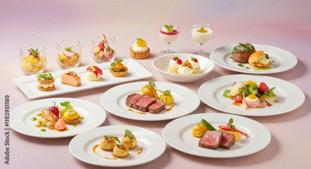 Gourmet Dining Display: An array of meticulously plated gourmet dishes and delicate desserts arranged artfully for a refined dining experience, celebrating the art of cuisine and the joy of fine food Gourmet Dining Display: An array of meticulously plated gourmet dishes and delicate desserts arranged artfully for a refined dining experience, celebrating the art of cuisine and the joy of fine food