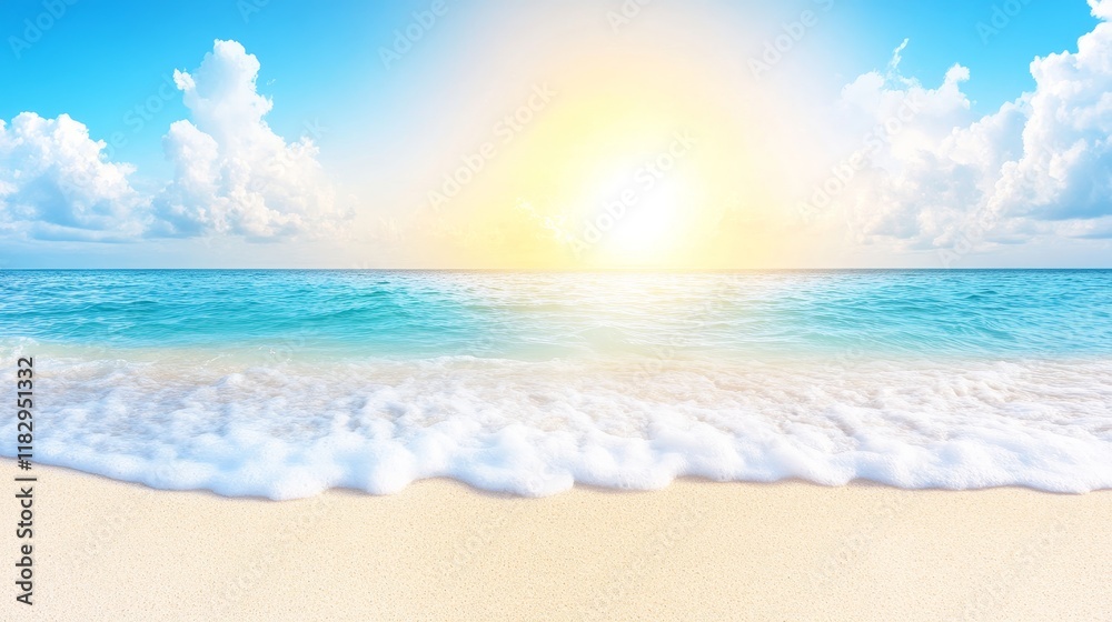 Fototapeta premium Serene Beach Sunset Tranquil Ocean Waves on Sandy Shore