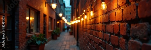 Twinkling string lights along a vintage brick wall in Printers Alley at night, brick wall, lights, prints