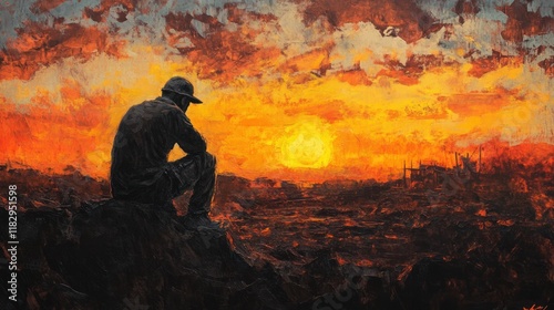 Sunset Contemplation: A Solitary Figure Amidst an Apocalyptic Landscape