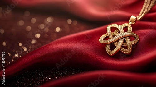 Closeup of a luxurious golden pendant necklace adorned with sparkling gemstones like diamonds resting on a rich red fabric background  The necklace exudes elegance glamour and a sense of opulence photo