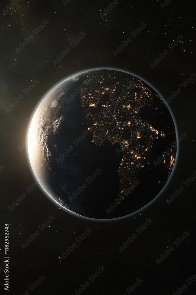 Fototapeta premium A realistic depiction of Earth from space, with continents illuminated by city lights