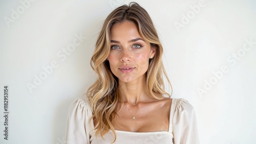 Breezy, effortless beauty: a bright-eyed blonde with a subtle smile, set against a clean white backdrop, her delicate features accentuated by a sparkling silver necklace and simple white attire