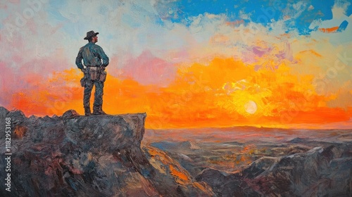 Sunset's Majesty: A Lone Figure Contemplates the Vastness of the West