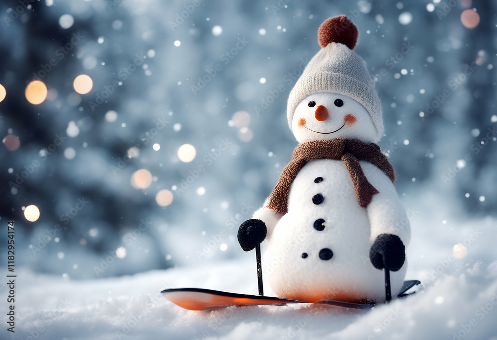 Fototapeta premium snowman christmas skiing winter background landscape nature sport holiday house bungalow tree greeting wallpaper snowy sliding fun conifer