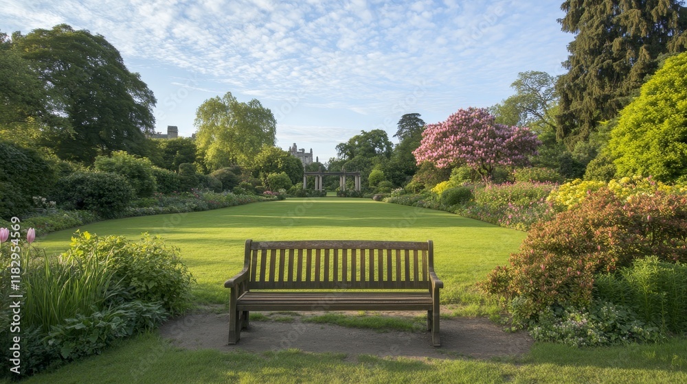 Serene Garden Bench with Castle View and Blooming Flowers Serene Garden Bench with Castle View and Blooming Flowers