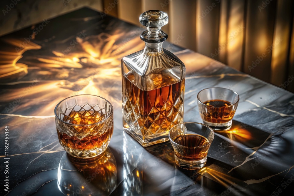 Aerial View Elegant Whiskey Decanter Glass Marble Table Shadows Luxury Spirits Still Life Photography Aerial View Elegant Whiskey Decanter Glass Marble Table Shadows Luxury Spirits Still Life Photography