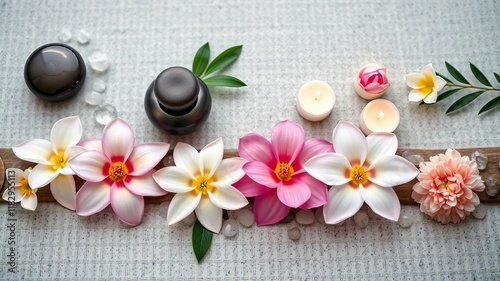 Aromatherapy spa setting with pebbles, flowers, water, candles on stone table top view, massage, flat lay, flowers photo