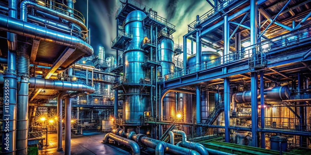 Obraz premium Futuristic Industrial Plant Night - Low Light Pipes Tanks Sci-Fi Refinery