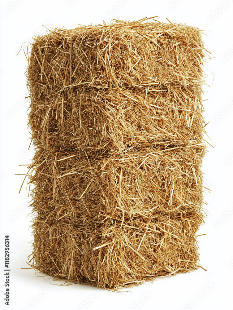 Stacked straw bales on white background; agricultural harvest Stacked straw bales on white background; agricultural harvest