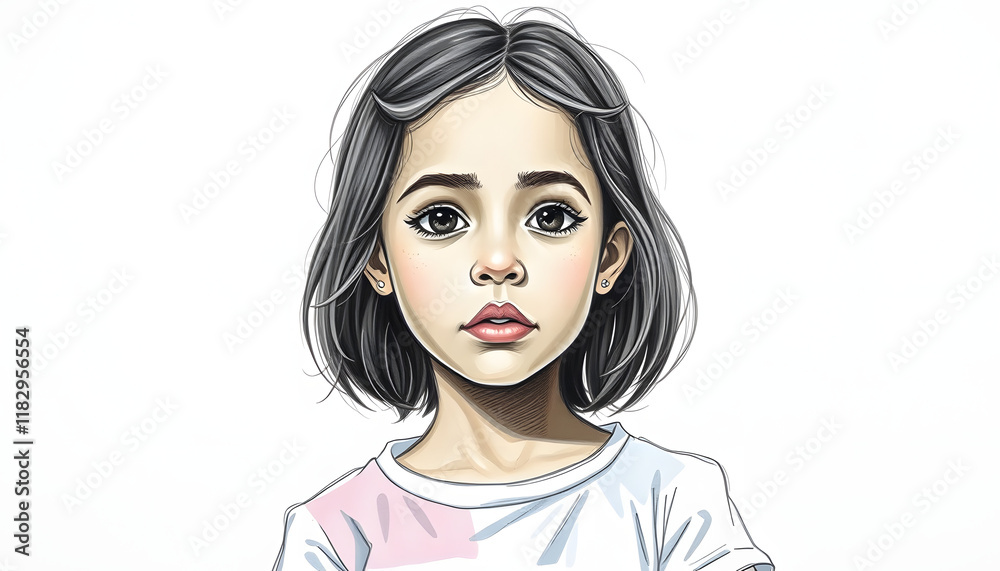Three quarter length portrait of young mixed race girl, color sketch. isolated with white highlights Three quarter length portrait of young mixed race girl, color sketch. isolated with white highlights