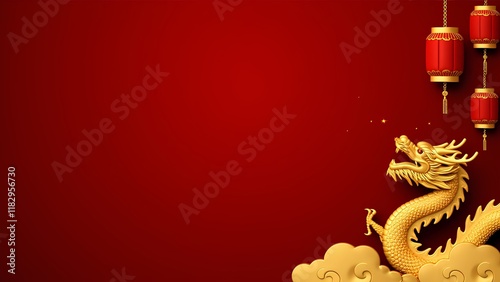 Chinese New Year celebration photo frame golden dragon on red background