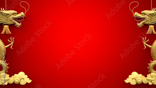 Chinese New Year celebration photo frame golden dragon on red background