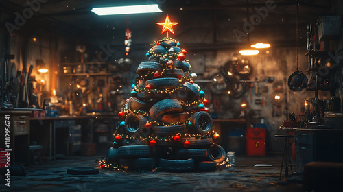 Tire Christmas tree in a garage workshop, festive holiday scene, for greeting cards