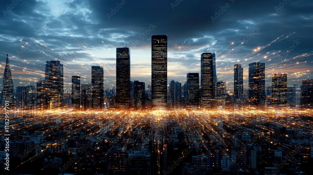 Obraz premium Futuristic city skyline with glowing lights and dramatic clouds