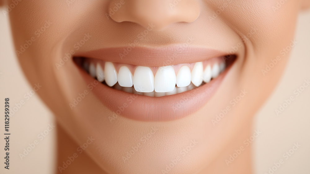 Obraz premium Close-up of a perfect amazing white smile with healthy teeth and lips, symbolizing dental care, beauty, and oral hygiene.
