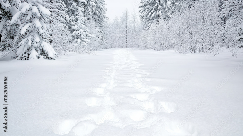 Fototapeta premium serene winter landscape featuring snowy forest path with footprints