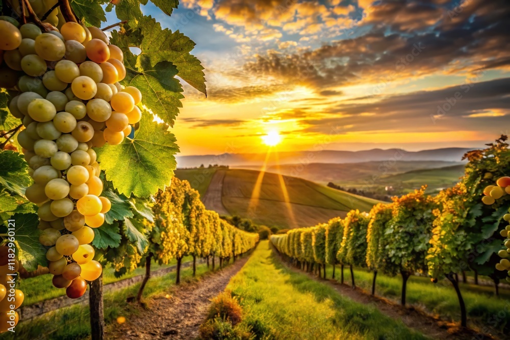 Fototapeta premium German Wine Region Vineyard Landscape at Sunset, Lush Grapes Hanging from Vines