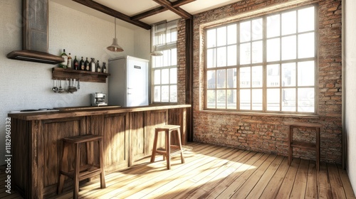 Rustic Kitchen Loft: Sunlit Industrial Interior Design