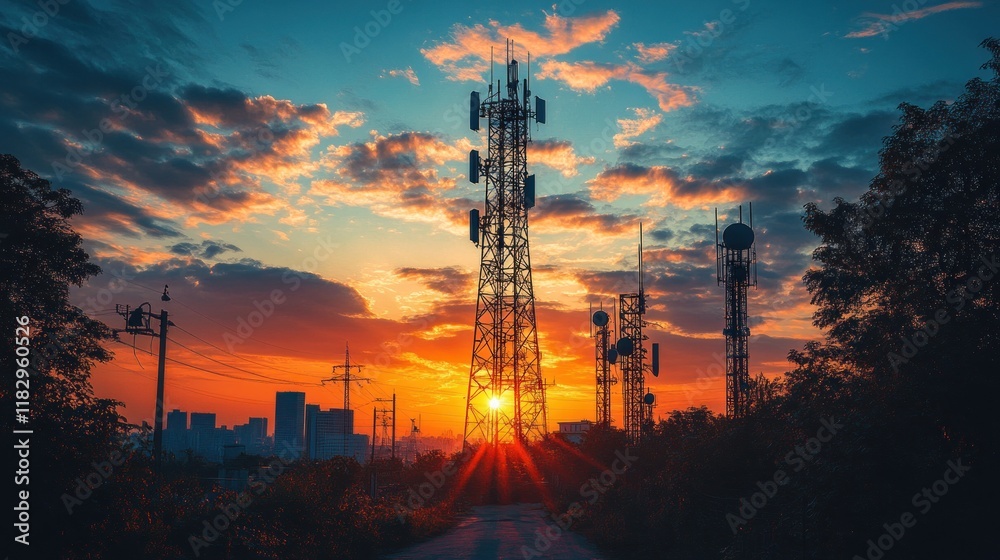 Fototapeta premium A silhouette of communication towers against a vibrant sunset sky, symbolizing technology and connectivity.