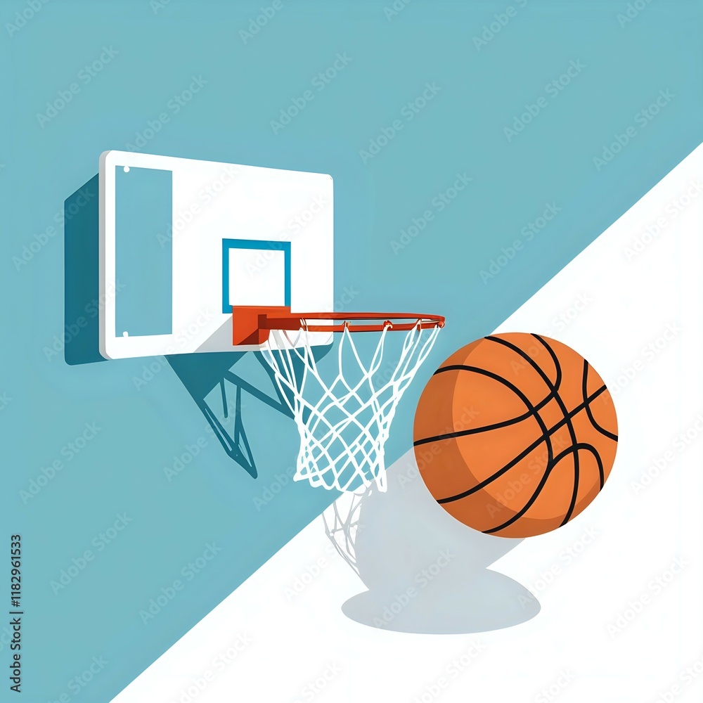 Minimalistic basketball illustration with hoop, net, and ball in dynamic motion on a blue and white background. Sports concept
Minimalistic basketball illustration with hoop, net, and ball in dynamic motion on a blue and white background. Sports concept