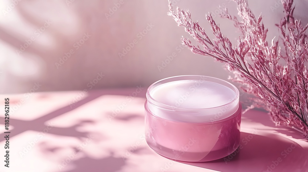 Luxurious beauty jar with rose quartz finish on pink background Luxurious beauty jar with rose quartz finish on pink background