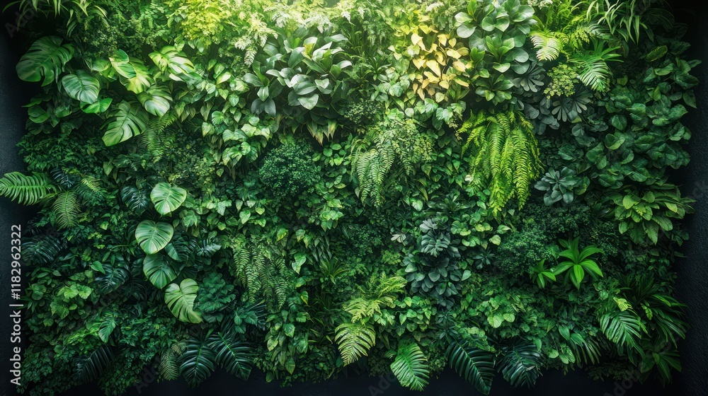 Fototapeta premium Vertical Garden Living Wall with Tropical Green Plants and Lush Foliage Background