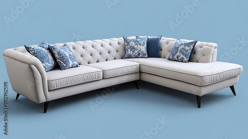 Luxurious L shaped sofa in soft neutral tones on blue background photo