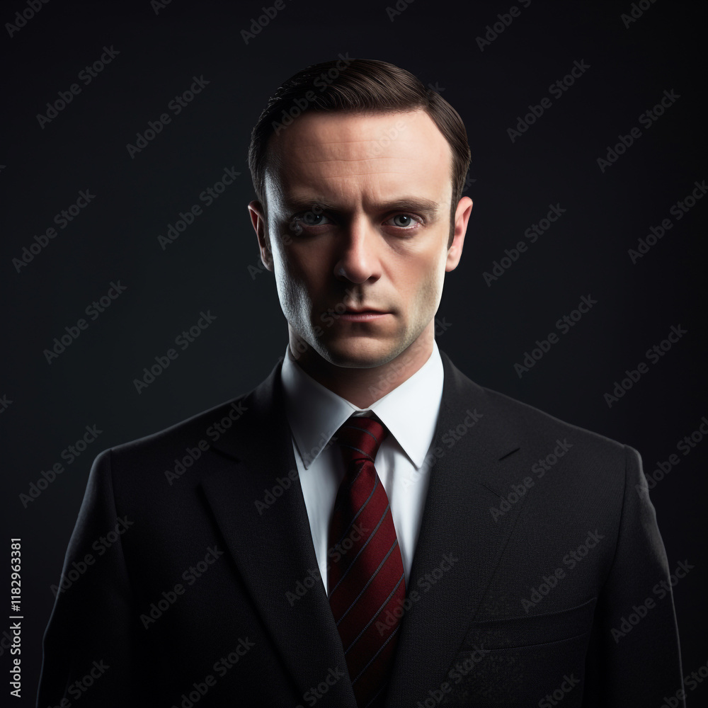 Determined Professional: A Man in a Dark Suit and Tie with a Serious Focus Determined Professional: A Man in a Dark Suit and Tie with a Serious Focus