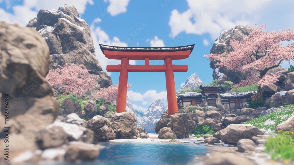 Serene Japanese Shrine Gateway in Mountain Valley Serene Japanese Shrine Gateway in Mountain Valley
