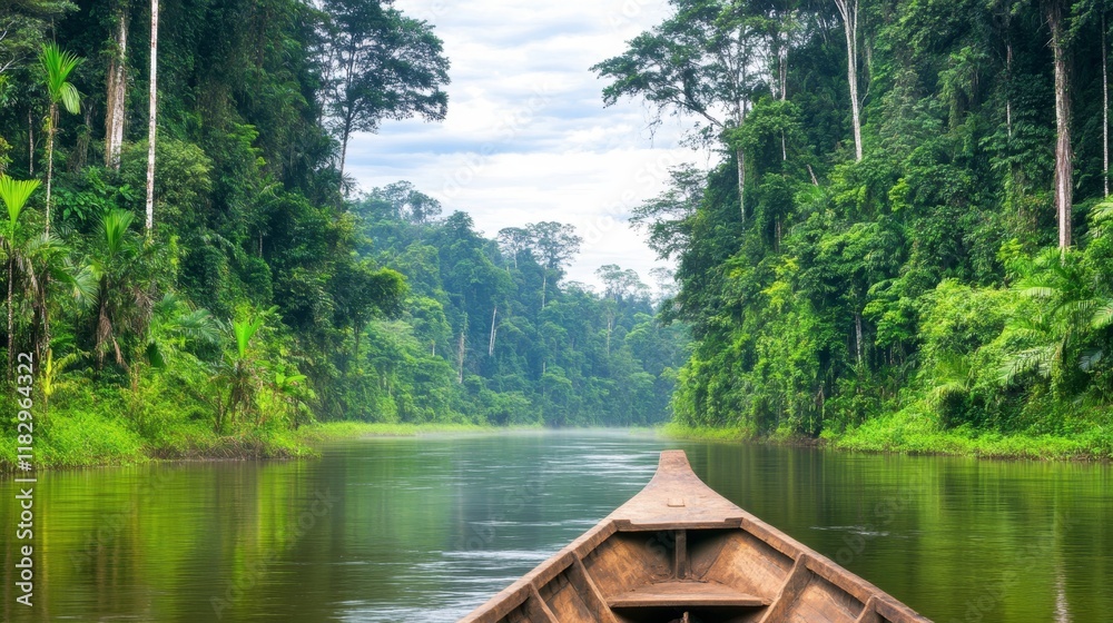 Fototapeta premium Serene Jungle River Boat Journey Through Lush Green Canopy
