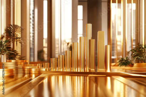 3D Render of golden bar graph growth and up arrow. 3D Illustration.