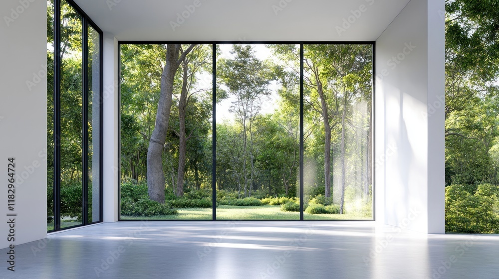 Obraz premium Modern Minimalist Room with Expansive Forest Views