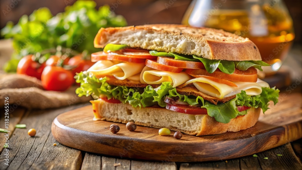 Gourmet Sandwich: Delicious, Warm-Toned Close-Up - High-Resolution Stock Photo for Commercial Use Gourmet Sandwich: Delicious, Warm-Toned Close-Up - High-Resolution Stock Photo for Commercial Use