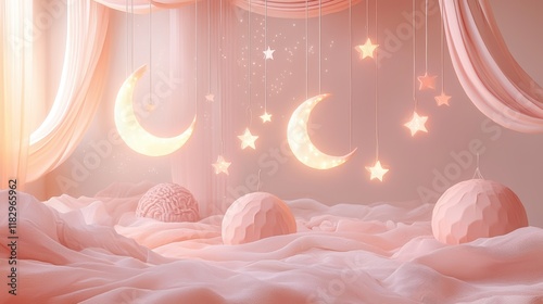 Dreamy Pink Bedroom with Celestial Decor: A Serene and Magical Nightscape