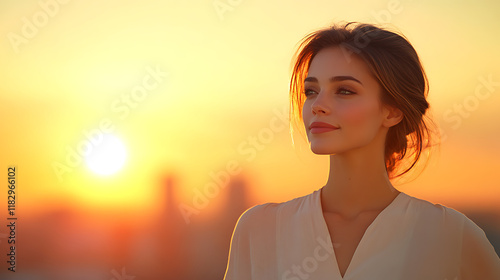 Beauty model in an elegant pose on a modern mansard roof, the setting bathed in warm sunset light, with soft shadows 