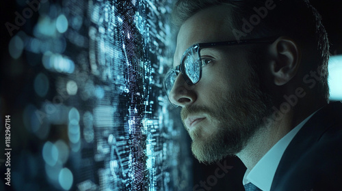 Businessman analyzes profitability of working companies with digital augmented reality graphics, positive indicators in 2024, businessman calculates financial data for long-term investments.