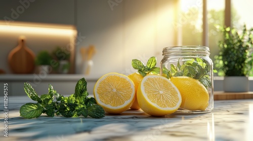 Refreshing Lemon and Mint Still Life in Sunlit Kitchen photo