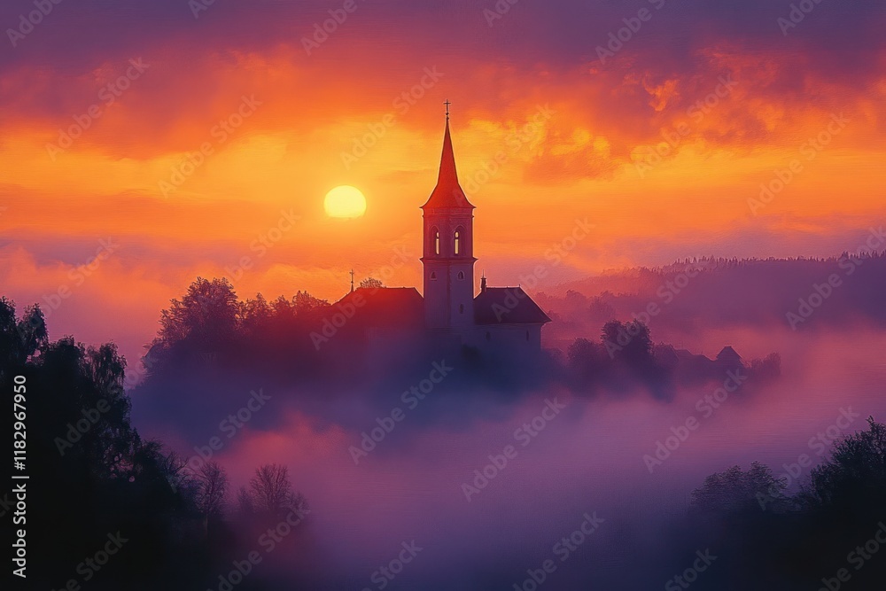Obraz premium Church Tower in Misty Autumn Sunrise Landscape with Warm Orange and Purple Hues in Peaceful Countryside Village