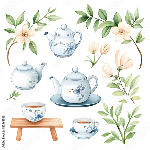 watercolor painting clipart Chinese New Year concept. Delicate tea set illustration surrounded by floral elements and leaves, evoking a serene, cozy atmosphere. photo