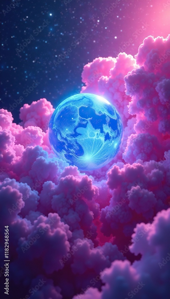 Obraz premium Blue glowing orb amidst swirling clouds of pink and purple gas, pink, astral, glow