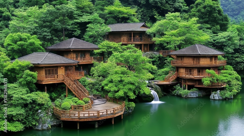 Serene Lakeside Wooden Houses in Lush Green Valley Serene Lakeside Wooden Houses in Lush Green Valley