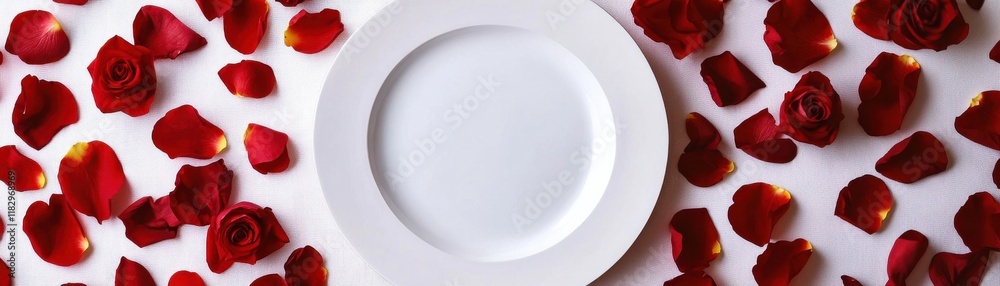 A white plate surrounded by elegant red rose petals, perfect for romantic dining. A white plate surrounded by elegant red rose petals, perfect for romantic dining.