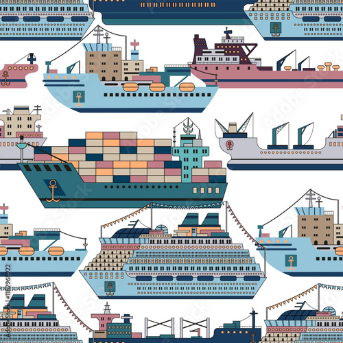 Seamless pattern with modern commercial ships - bulker, containership, tanker, icebreaker against white background. Trade, business, import, export, logistics concept. Line art cartoon illustration